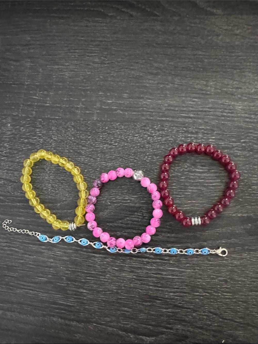Colorful Beaded Bracelets Set - Yellow, Pink, Burgundy + Blue Eye Chain